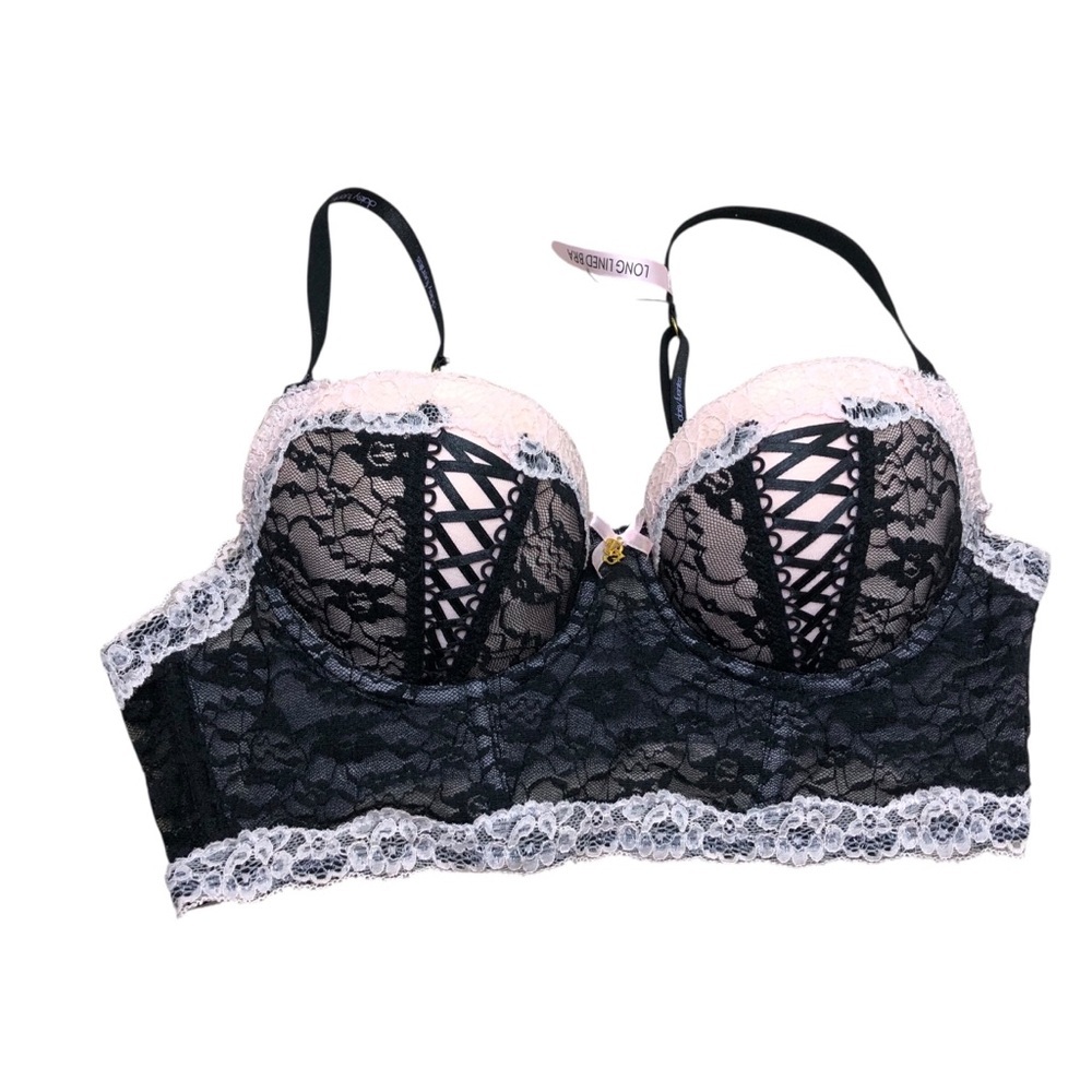 Daisy Fuentes 36 B Bustier Push Up Long Lined Bra Cami Black Pink Lace Gothic